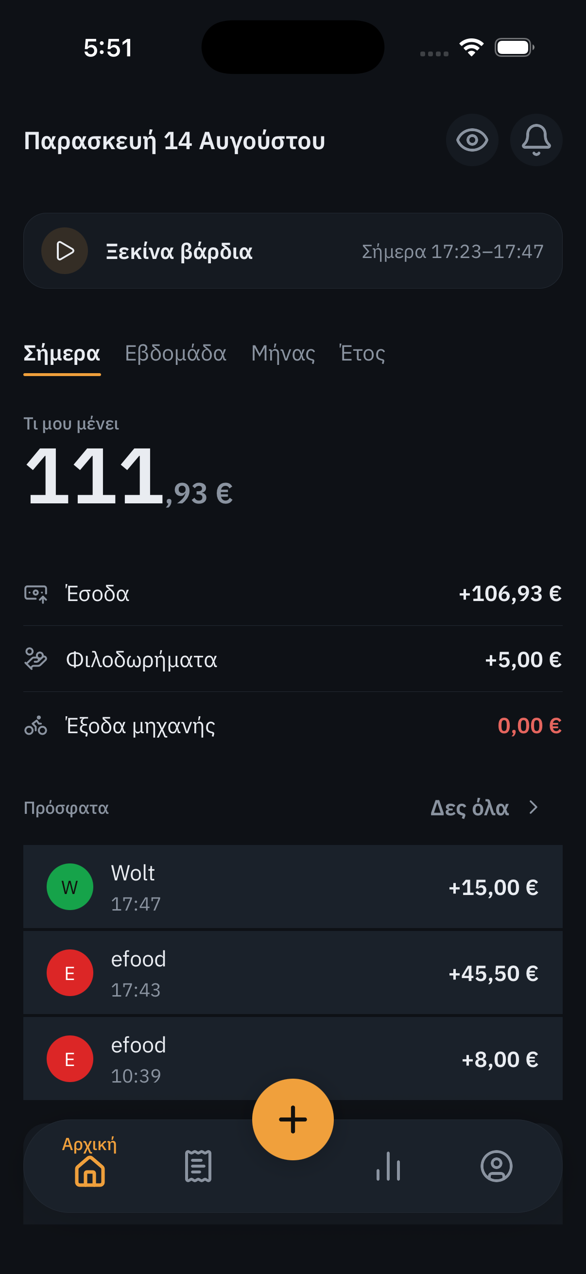 Η Αρχική του Vardia με ζωντανή βάρδια: χρονόμετρο, σύνολο βραδιάς και γρήγορες ενέργειες.